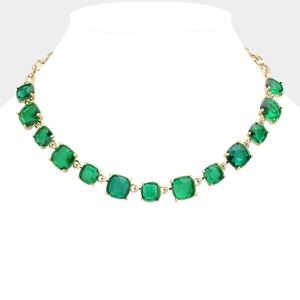 Green Emerald Square Stone Link Crystal Necklace Chain Evening